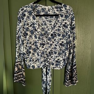 American Eagle Crop Tie Bell Sleeve Top